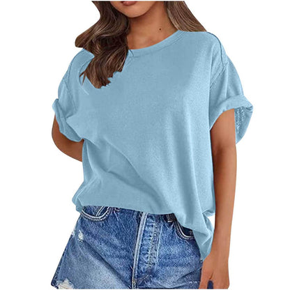 Camiseta holgada de manga corta con cuello redondo y color liso para mujer