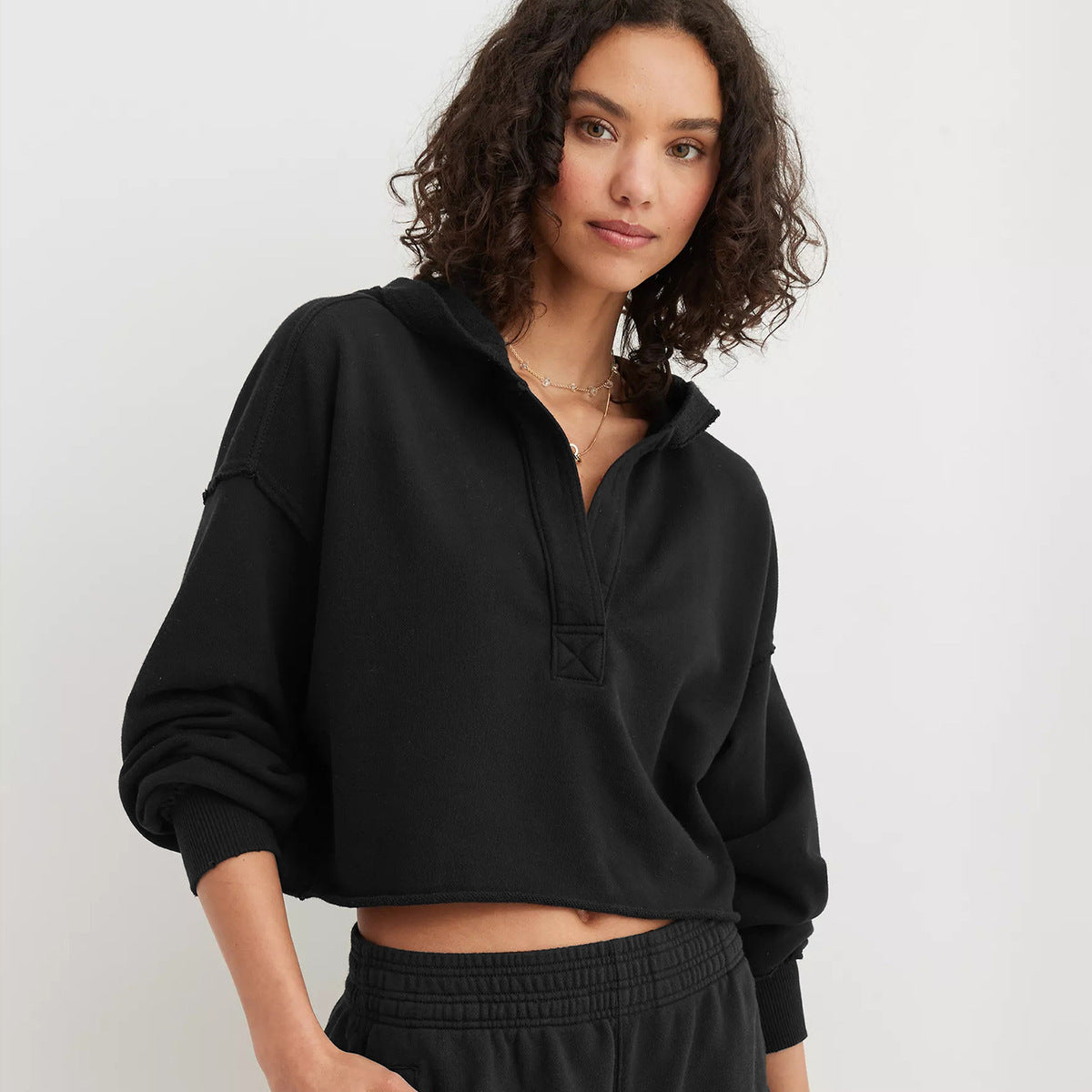 Women Solid Color V-Neck Long Sleeve Hoodies with Loose Fit