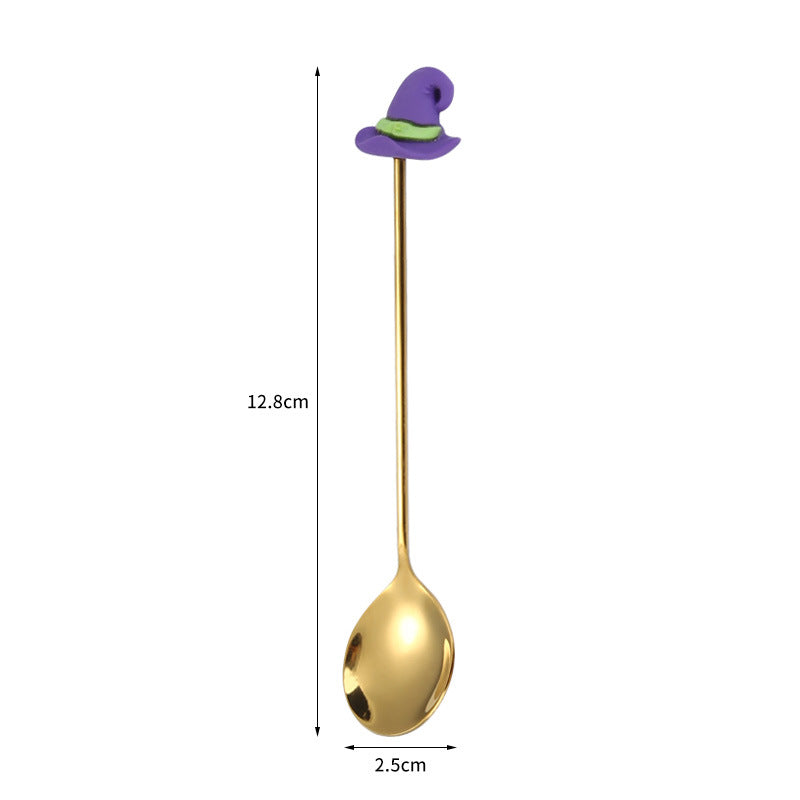 Tenedor y cuchara de acero inoxidable para postres y frutas con dibujos animados de Halloween.