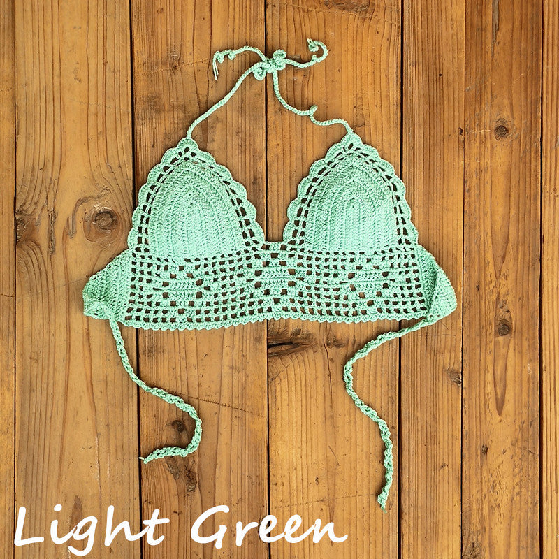 Top de bikini de crochet con cuello halter, sexy, de color liso para mujer