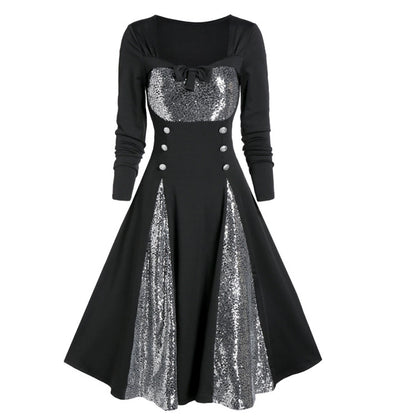 Women Gothic Skull Lace Stitching Color Contrast Dress