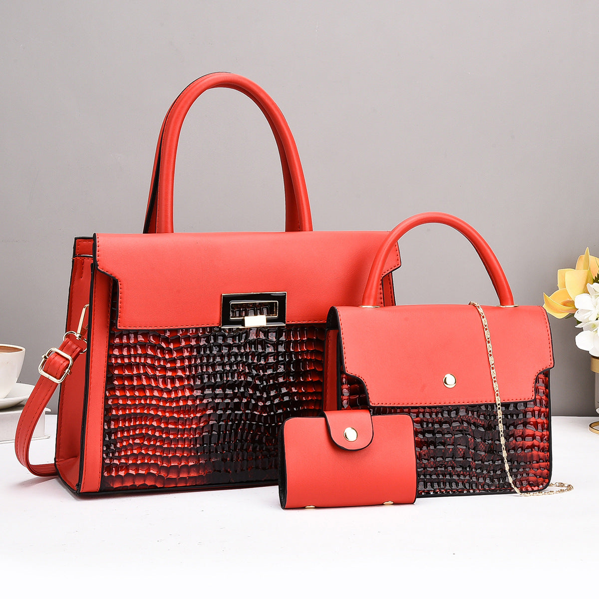 Crocodile PU Women Portable Shoulder Bag Three-Piece Set