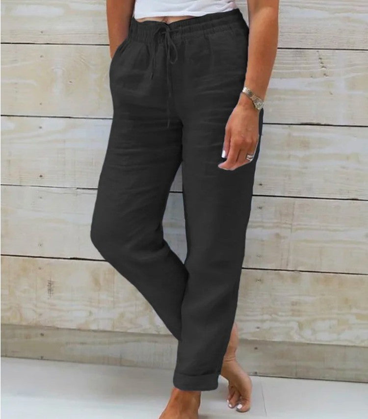 Women Casual Solid Color Cotton And Linen High-Waist Lace-Up Pants