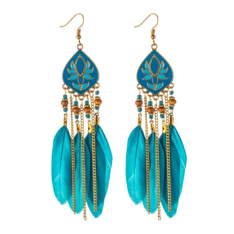 Pendientes bohemios con borlas de plumas y cuentas de flor de loto