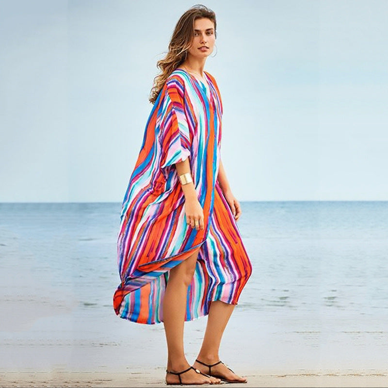 Women Fashion Summer Vacation Boho Style Leopard V Neck Loose Maxi Dress