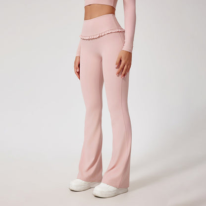 Women Fashion Casual Solid Color Lace Edge Yoga Pants