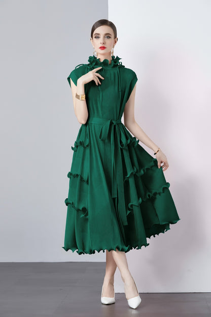Women Solid Color Pleated Chiffon Dress