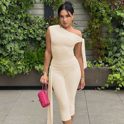 Conjunto de top y pantalones cortos sin mangas de color liso a la moda para mujer