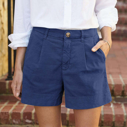 Pantalones cortos casuales de algodón y lino de color liso para mujer