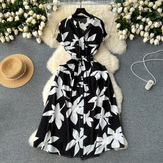 Women Fashion Casual Vacation Printed V-Neck Dress
