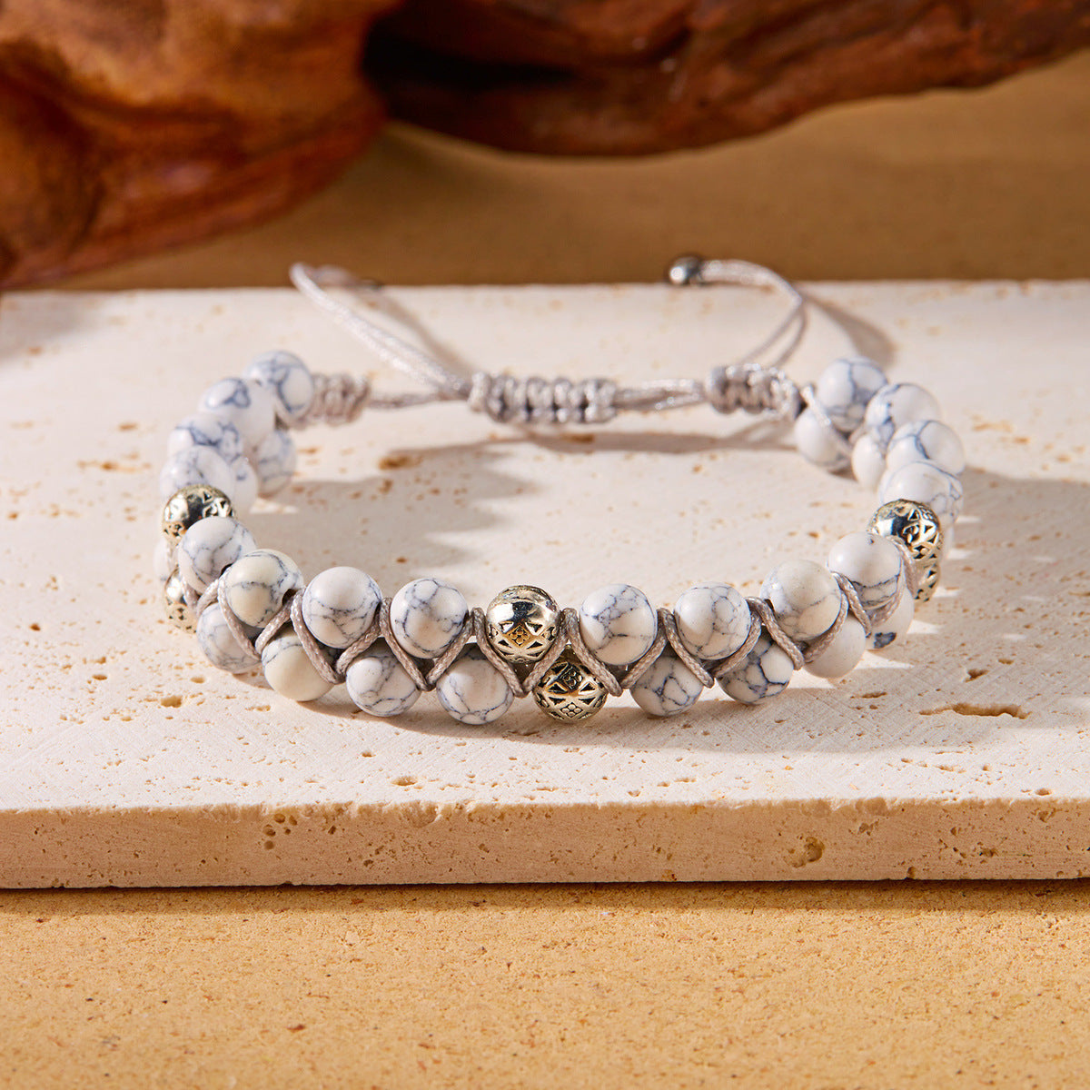 Women Fashion Casual Boho Handmade Woven Double-Layer Winding Natural Stone Bracelet
