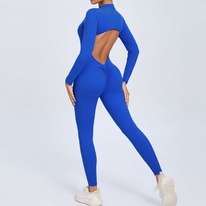 Women Fashion Solid Color Zipper Long-Sleeve Yoga Jumpsuit