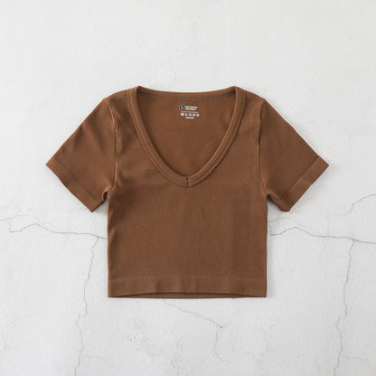 Camiseta de yoga informal de color liso con cuello en V para mujer