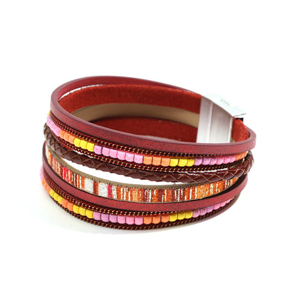 Pulsera bohemia de cuero multicapa con hebilla magnética