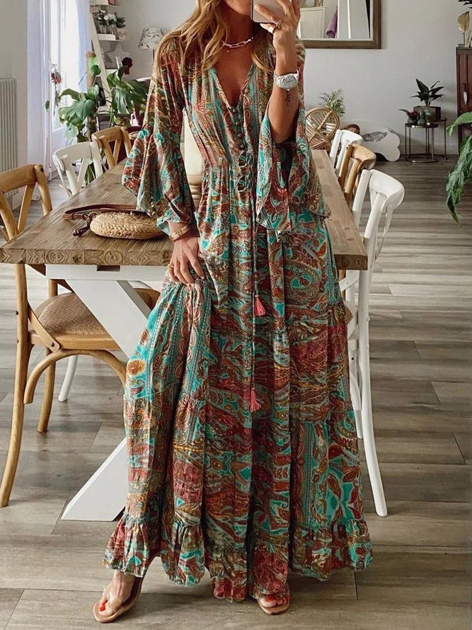 Women Fashion Casual Bohemian Tiny Flower Print V-Neck Horn Sleeve Maxi Dress