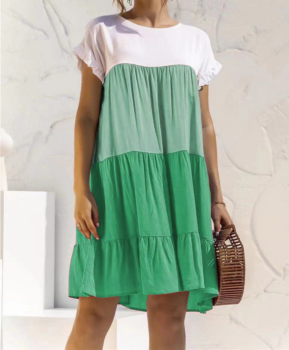 Women Fashion Casual Color Block Round Neck Dress