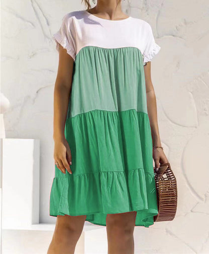 Women Fashion Casual Color Block Round Neck Dress