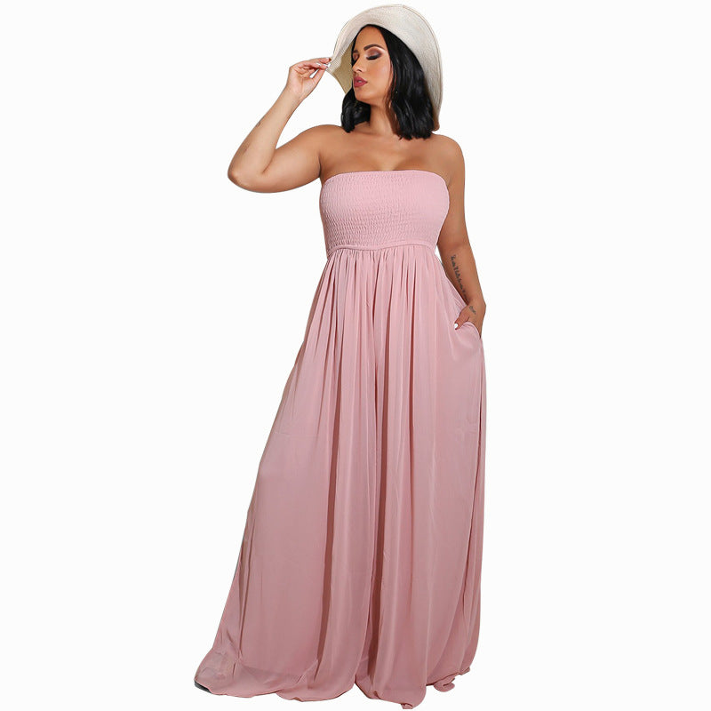 Women Fashion Casual Solid Color Chiffon Sleeveless Wide Leg Jumpsuit
