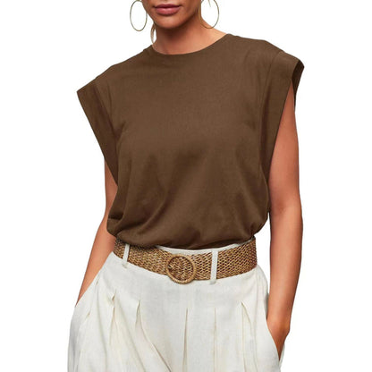 Camiseta holgada informal de verano para mujer, color liso, cuello redondo