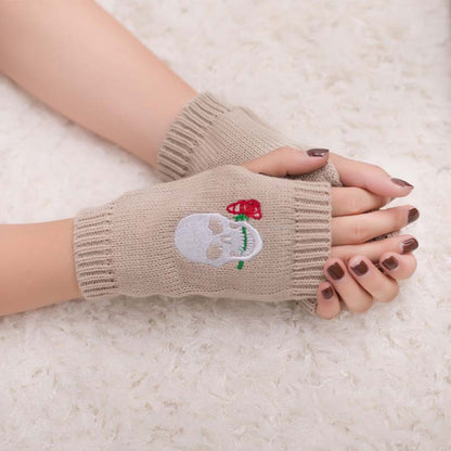 Halloween Autumn Winter Wool Embroidered Skull Gloves