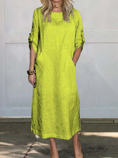 Summer Women Casual Solid Color Round Neck Dress