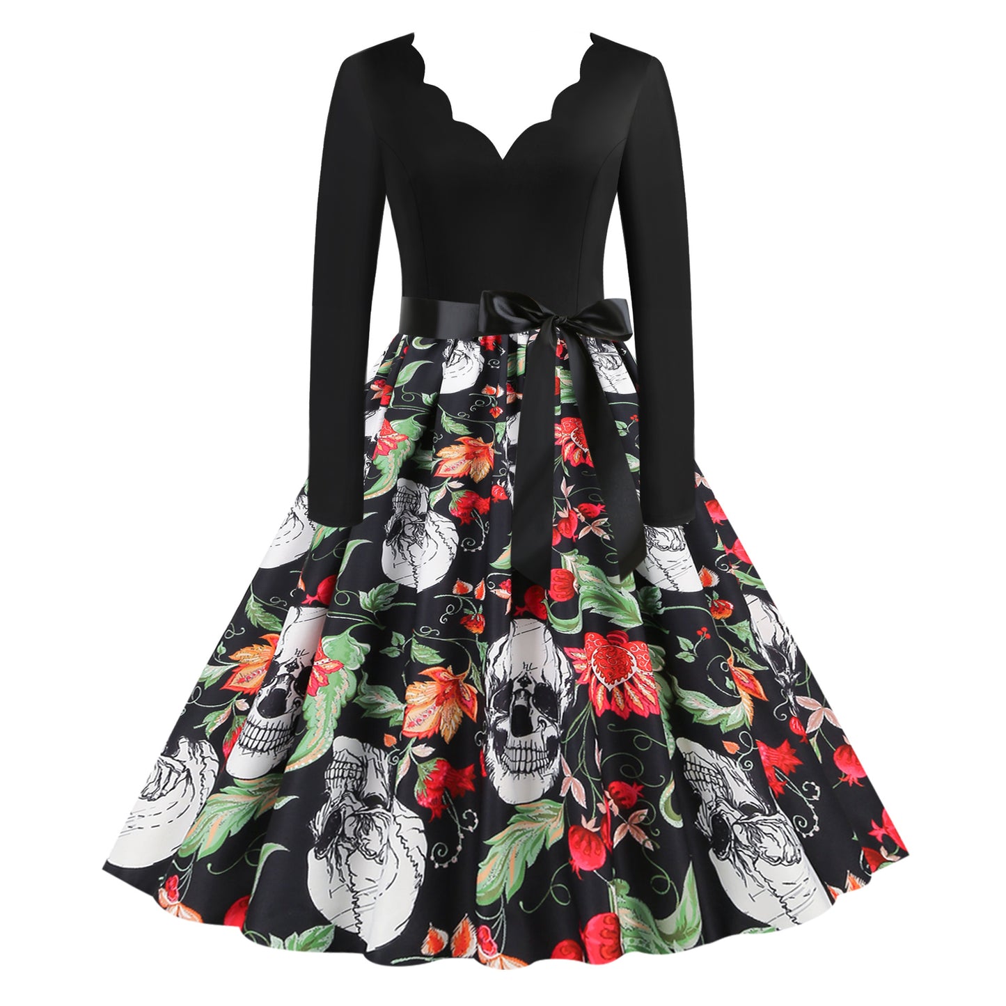 Vestido informal de Halloween con estampado de calavera y rosa para mujer