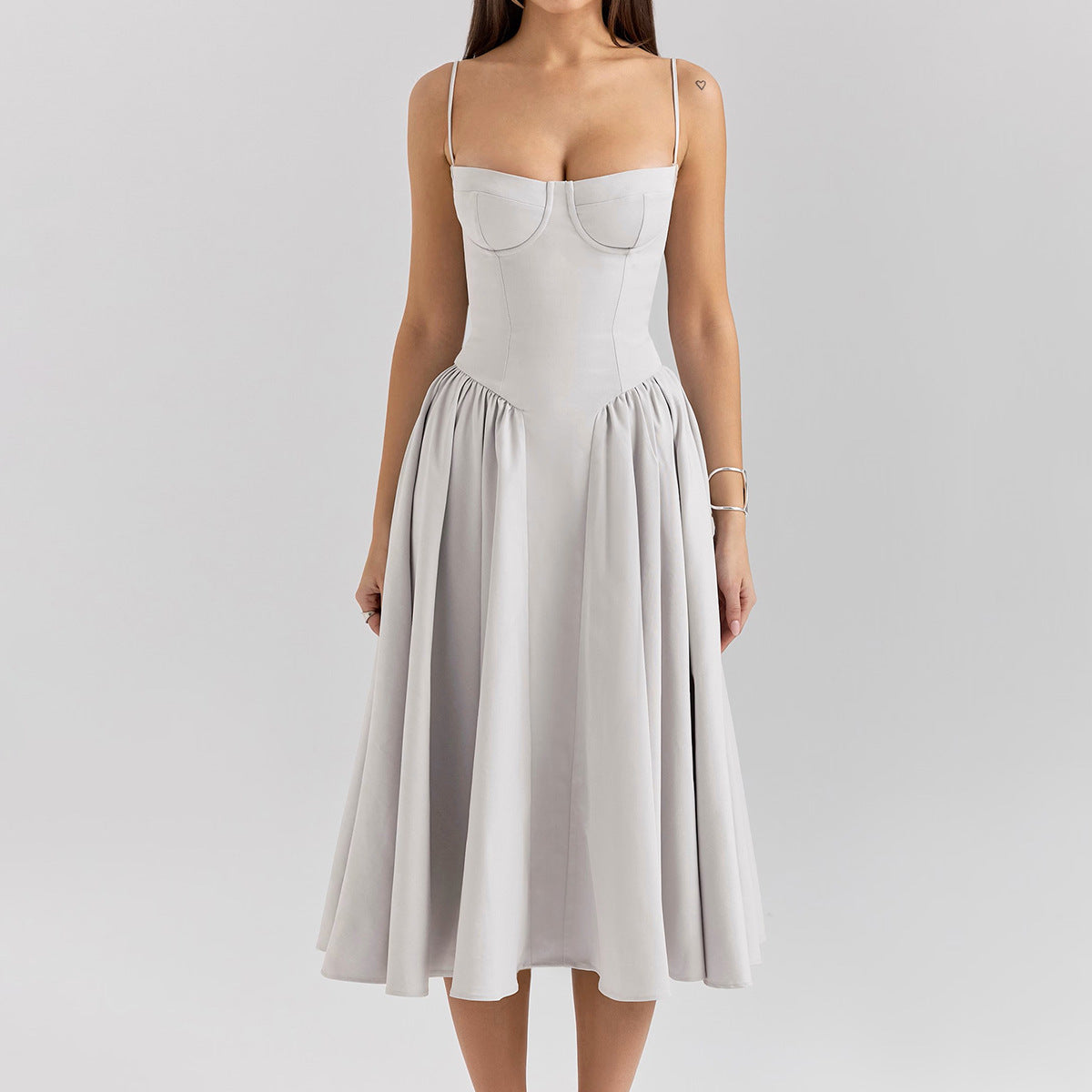 Women V-Neck Spaghetti Strap Backless Dress Solid Color Short Skirt