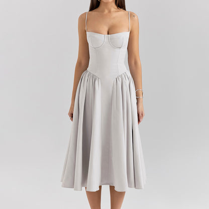 Women V-Neck Spaghetti Strap Backless Dress Solid Color Short Skirt
