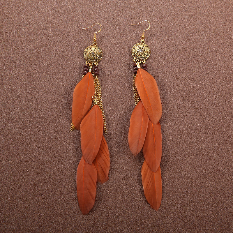 Boucles d'oreilles à pompons et plumes de style ethnique bohème rétro