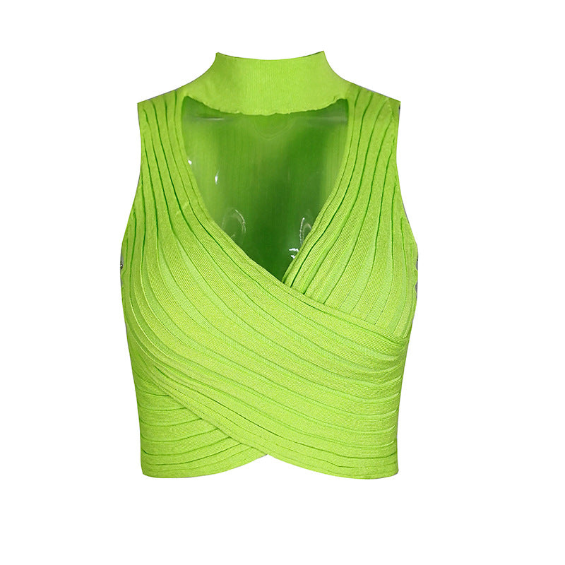 Top corto sexy de color sólido con cuello para mujer