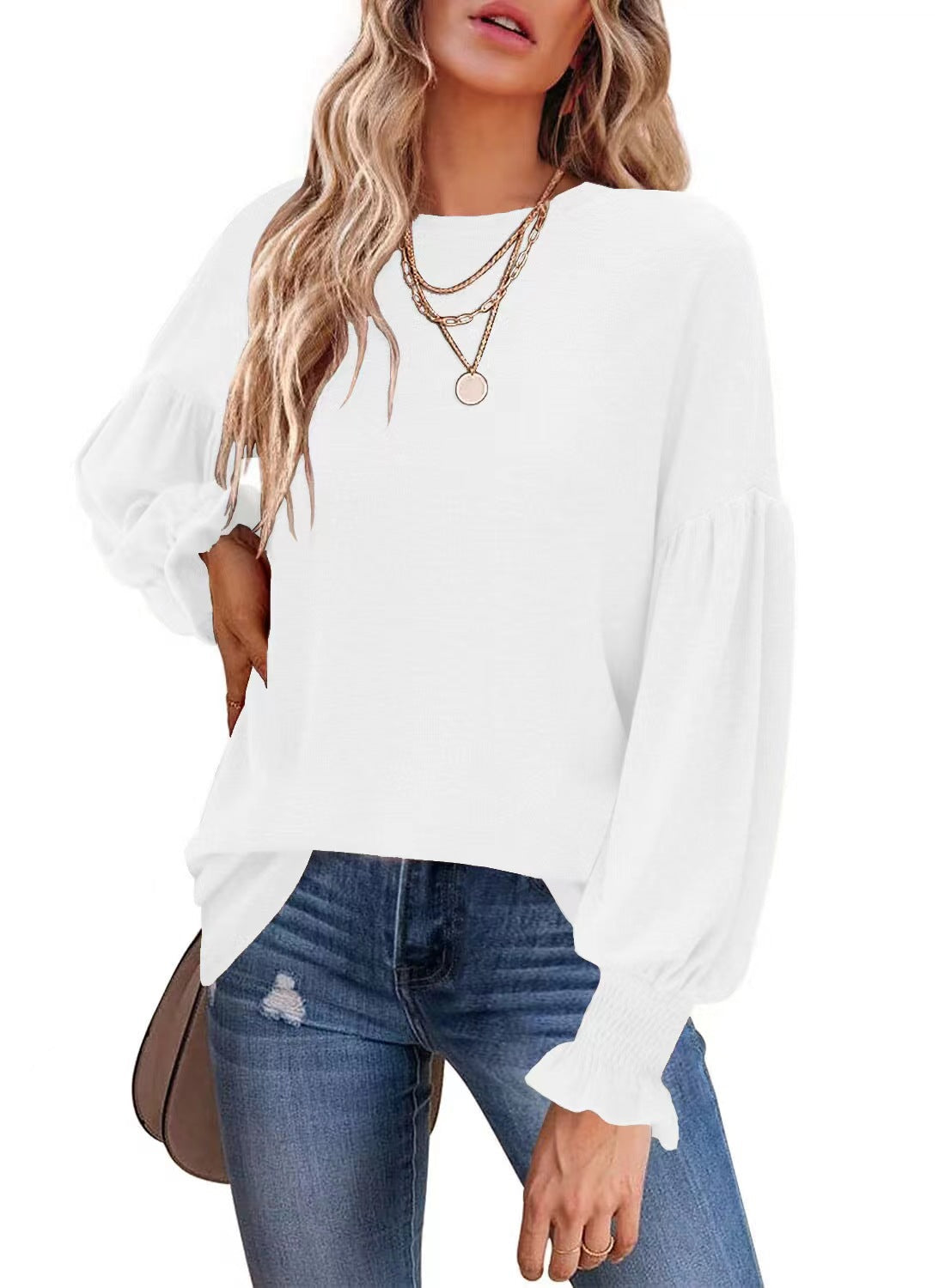 T-shirt décontracté à col rond et manches lanternes pour femme
