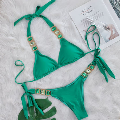 Bikini sexy con tirantes de diamantes de imitación de color sólido para mujer