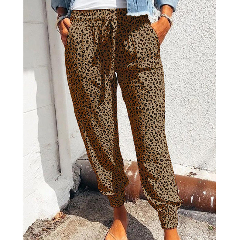 Women Fashion Casual Leopard Loose Lace-Up Pants