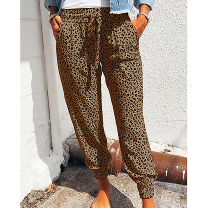 Women Fashion Casual Leopard Loose Lace-Up Pants