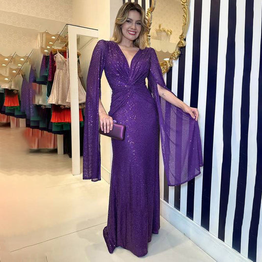 Women Fashion Elegant Solid Color Sequins Dress