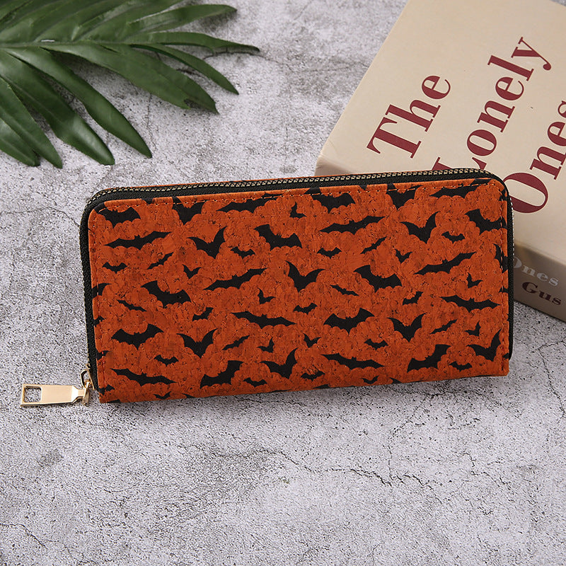 Monederos con cremallera multicapa con estampado de calabaza y murciélago de Halloween para mujer