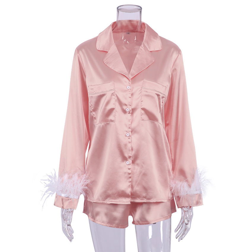 Women Fashion Loose Satin Ice Silk Long Sleeve Pajamas Set