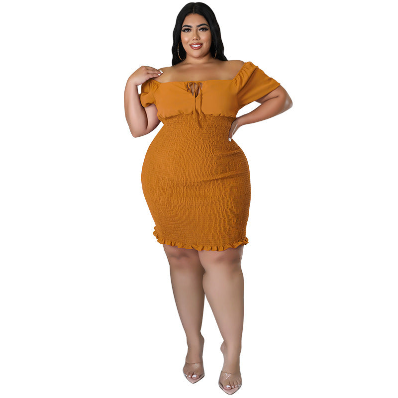 Women Solid Color Off Shoulder Short-Sleeve Dress