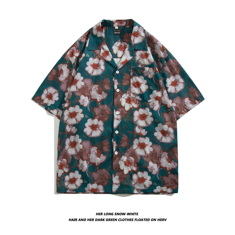 Men Casual Vintage Vacation Hawaii Tiny Flower Print Short Sleeve Lapel Shirt