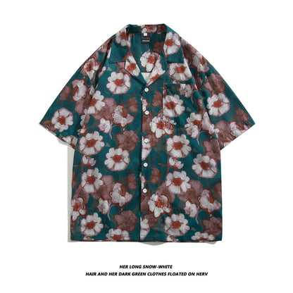Men Casual Vintage Vacation Hawaii Tiny Flower Print Short Sleeve Lapel Shirt