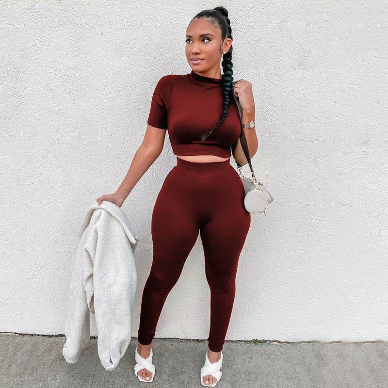 Ensemble deux pièces décontracté pour femme, haut court et pantalon en élasthanne, couleur unie