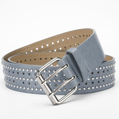 Cinturón de cuero hueco con estrella de cinco puntas y remaches multicapa de color liso para mujer