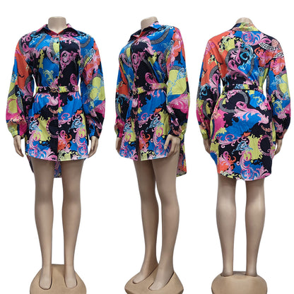 Vestido informal de manga larga con solapa y estampado para mujer