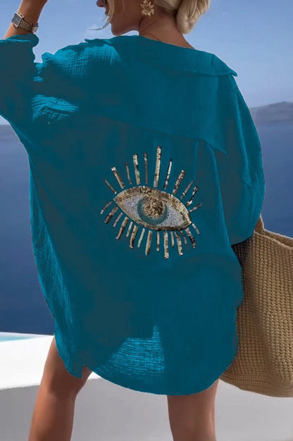 Camisa informal de verano para mujer con estampado de mal de ojo en la espalda