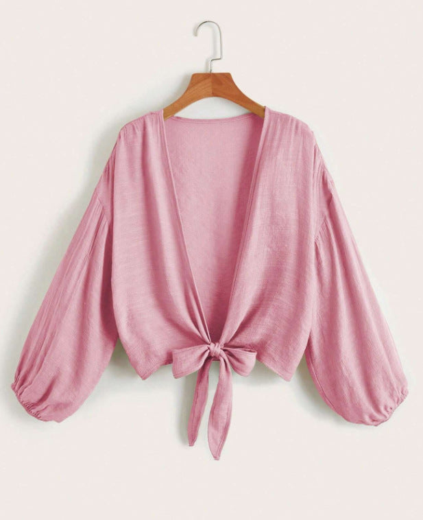 Chemisier sexy en coton et lin de couleur unie pour femme