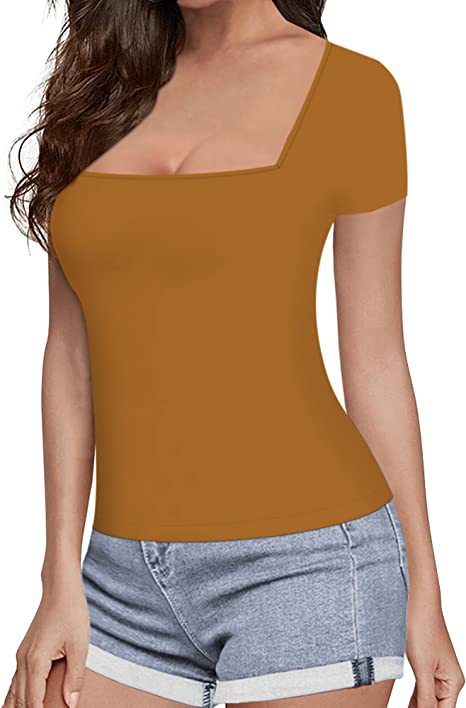 T-shirt sexy à décolleté carré et col rond pour femme