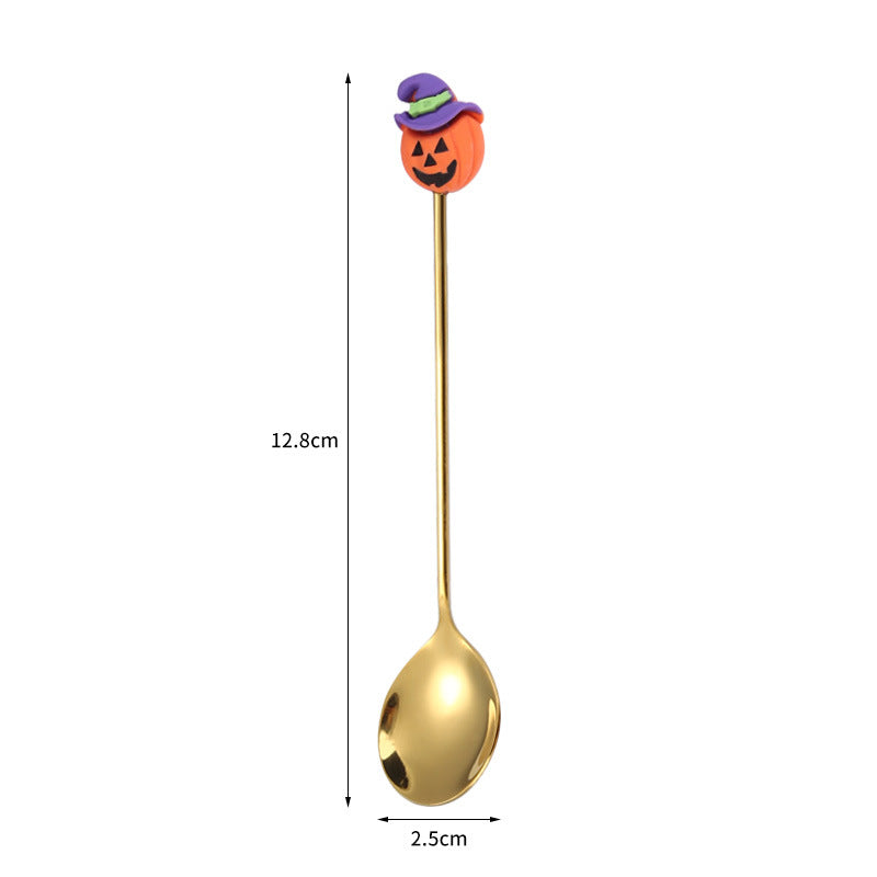 Tenedor y cuchara de acero inoxidable para postres y frutas con dibujos animados de Halloween.