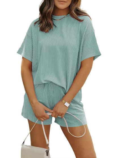 Conjunto de camiseta informal de rayas de color liso para mujer