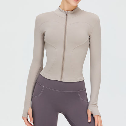 Veste de sport décontractée à manches longues et fermeture éclair pour femme, couleur unie, idéale pour le yoga