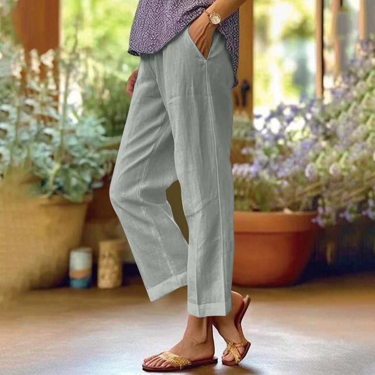 Pantalones casuales de lino y algodón de color liso a la moda para mujer